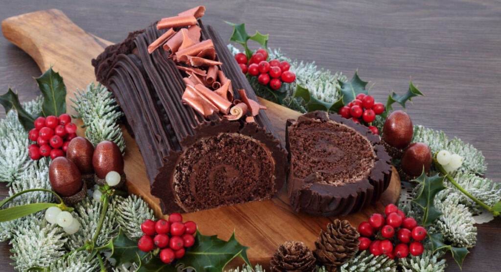 Chocolate yule log Christmas cake with winter flora of snow.