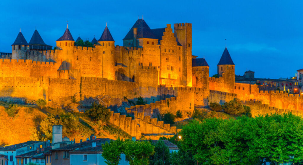 Night view over illuminated fortification of Carcassonne.