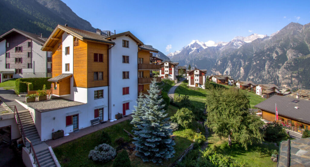 Village with mountain view.