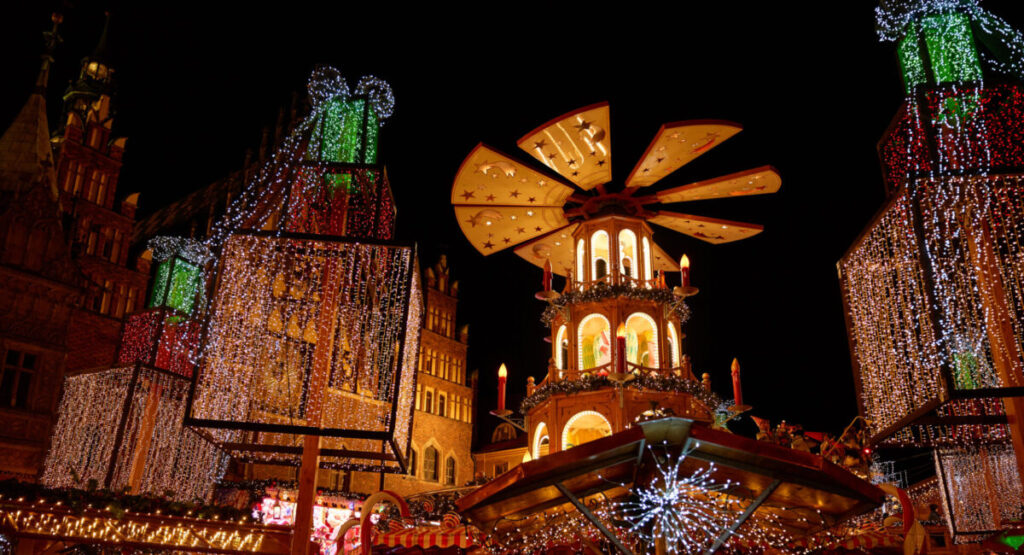 Illuminated building with Christmas lights.