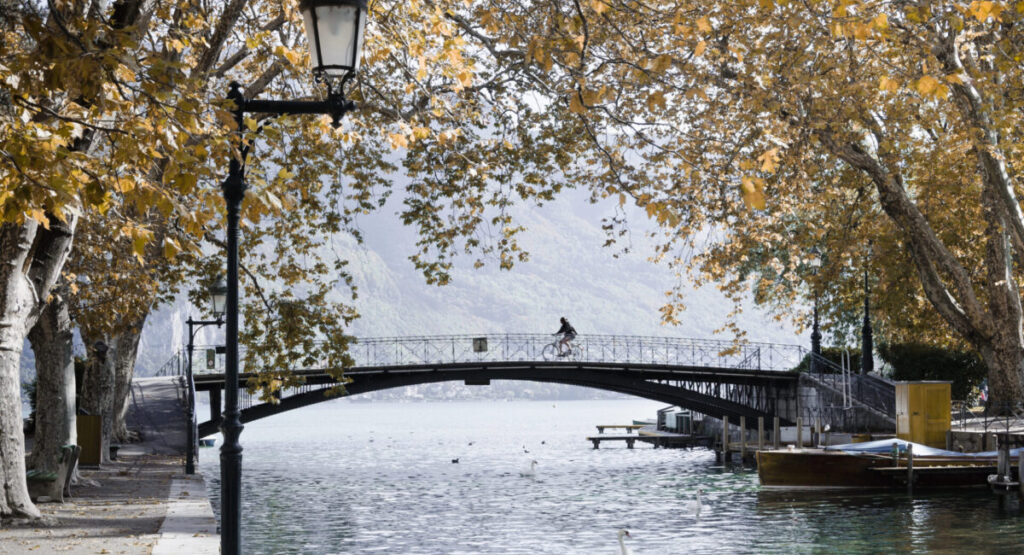 Bridge of love in one of the channels of the French city of Annecy.