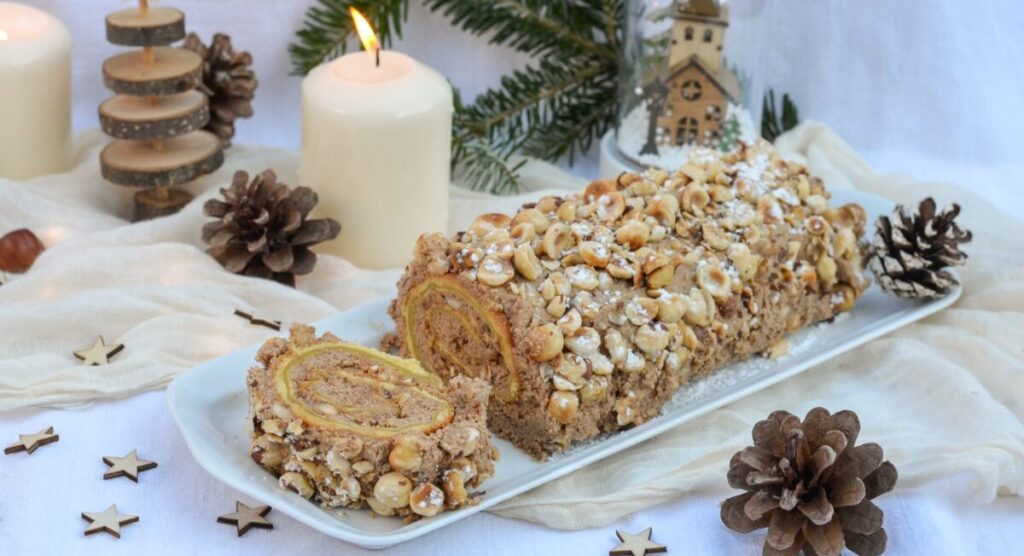 Hazelnut Rolled Yule Log.