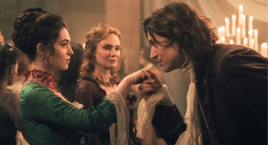Film still of man kissing woman's hand