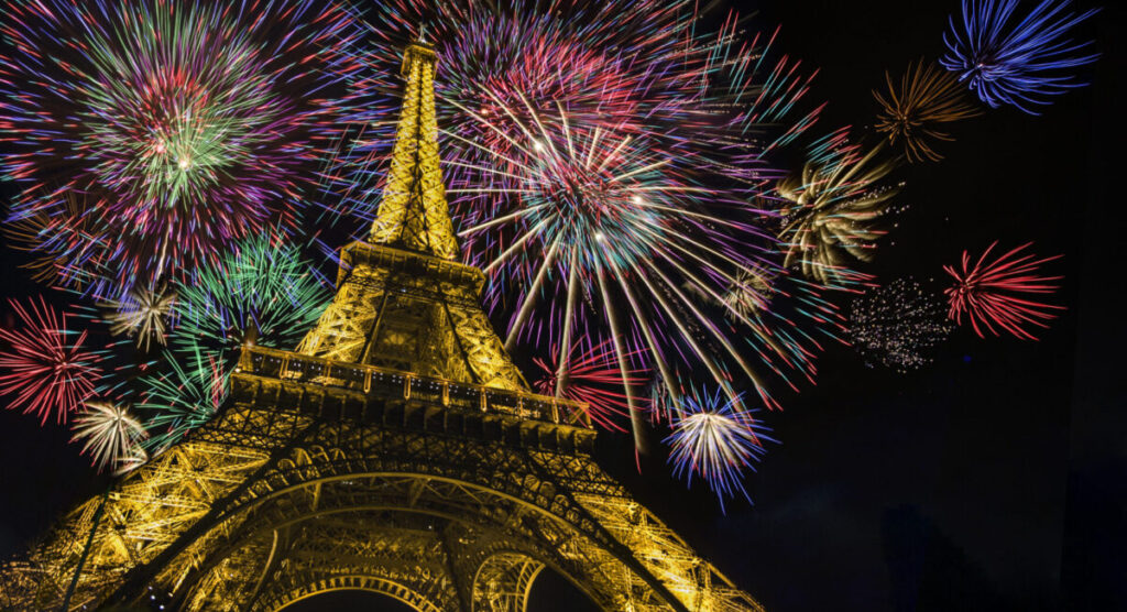 Fireworks in front of the Eiffel Tower.