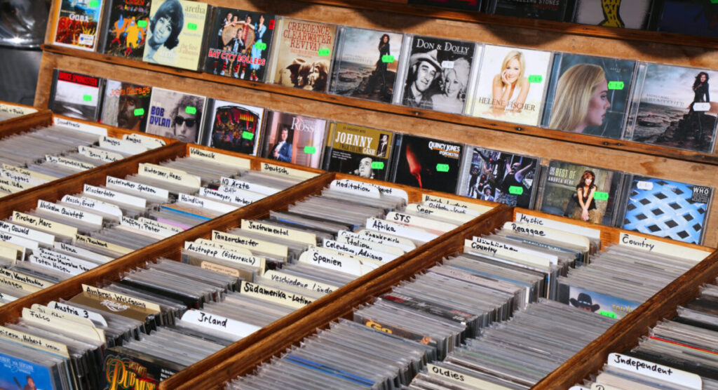 Music records for sale in the store.