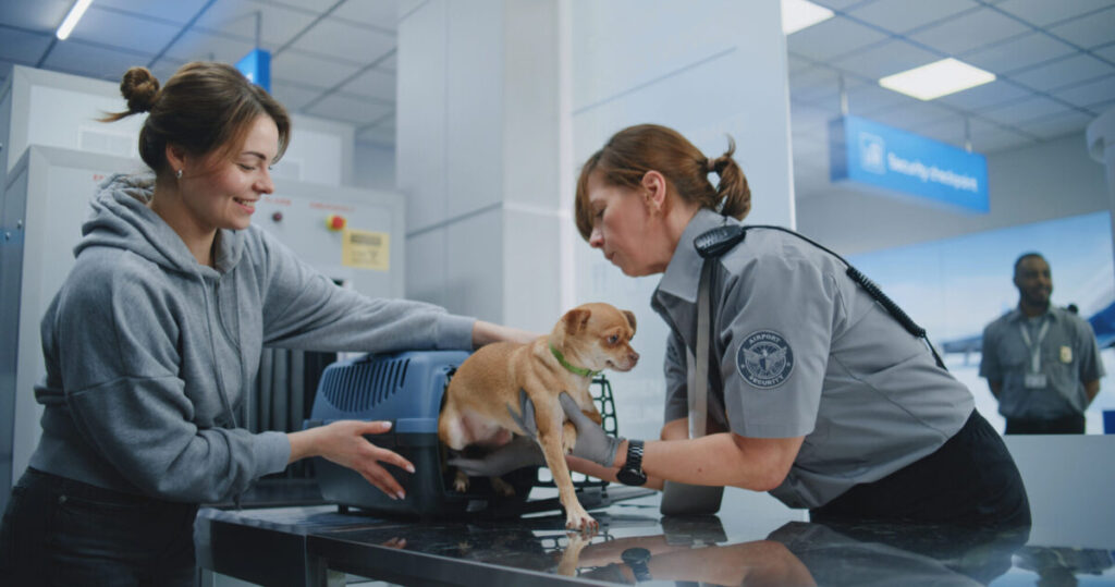 Woman with Pet During Screening Procedure in Airport Terminal.