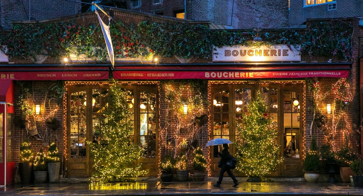 Exterior of Boucherie West Village during the holiday season