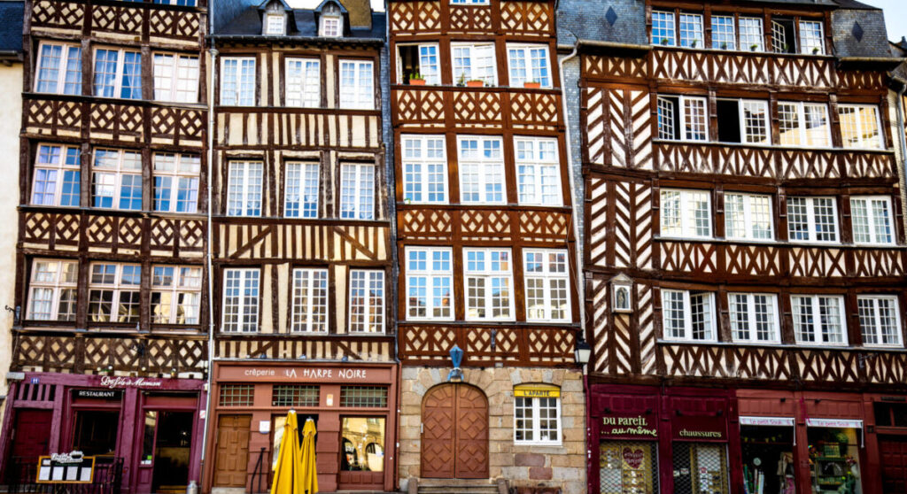 Traditional half-timbered houses in the old town of Rennes city.