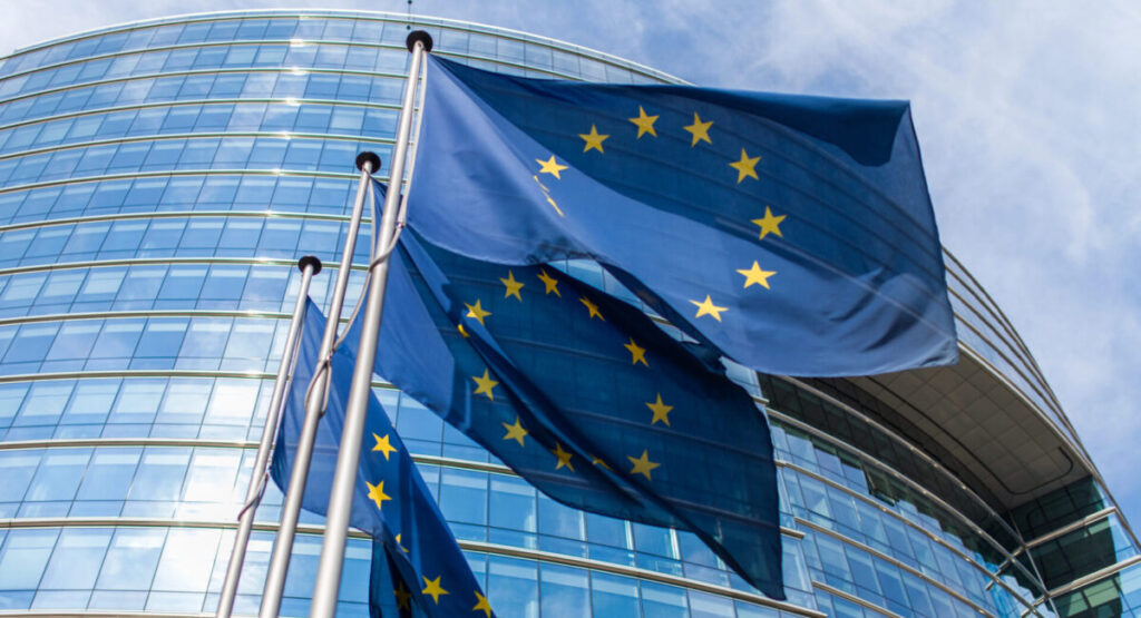 Remove BG Save Share Sample European flags in front of the European Commission.