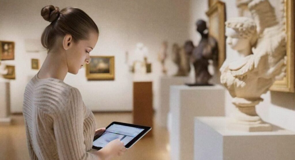 A girl is having a full digital tour in a museum.