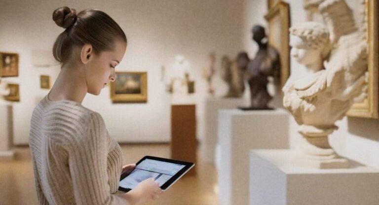 A girl is having a full digital tour in a museum.