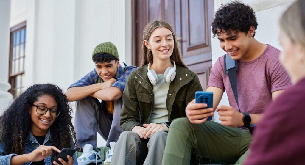 Multiethnic teens friends watching phone outdoors