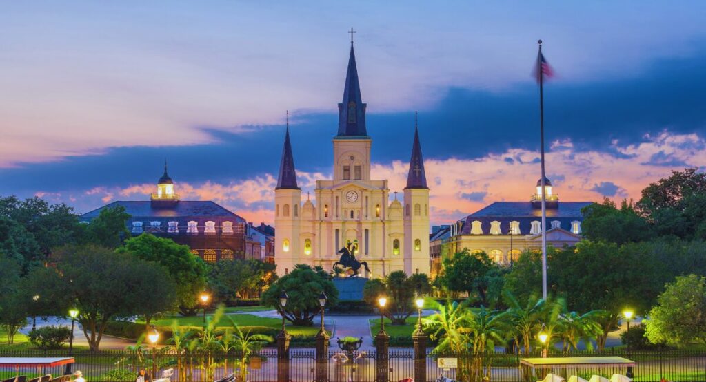 Jackson Square in New Orleans at sunset.