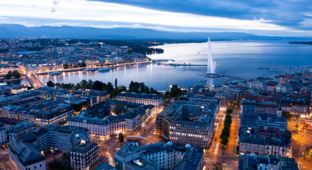 Night aerial view of Geneva.