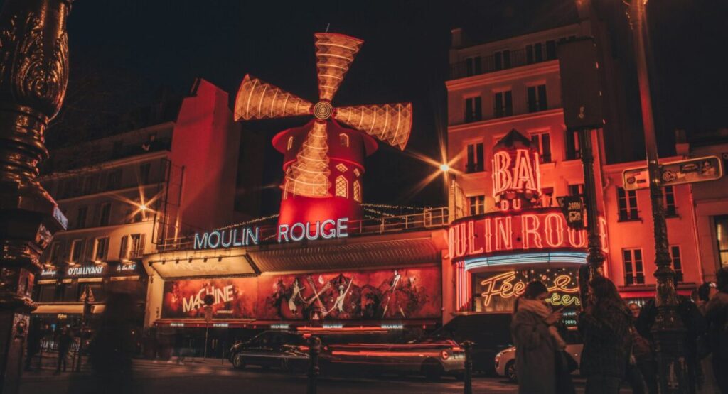 Exterior of the Moulin Rouge in Paris.