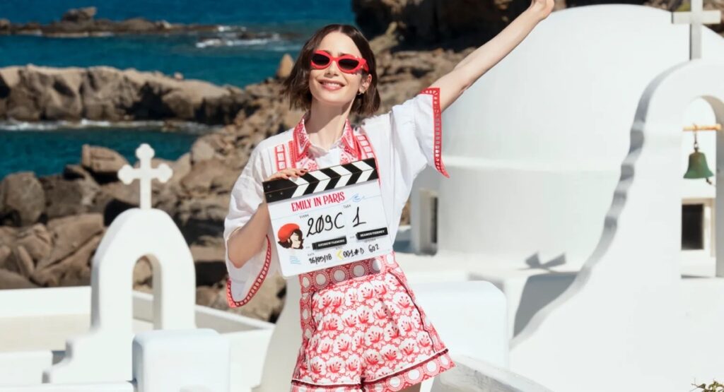 Lily Collins on set in Greece for season 6 of 'Emily in Paris.'