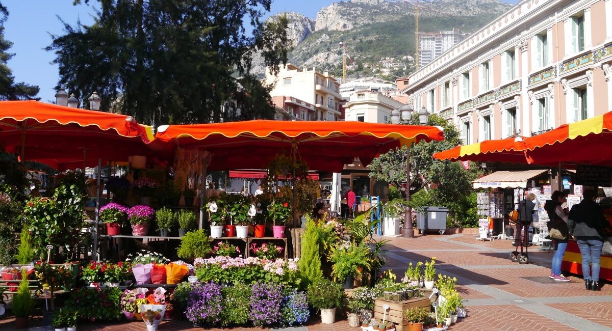 market with flowers and mountains in the back