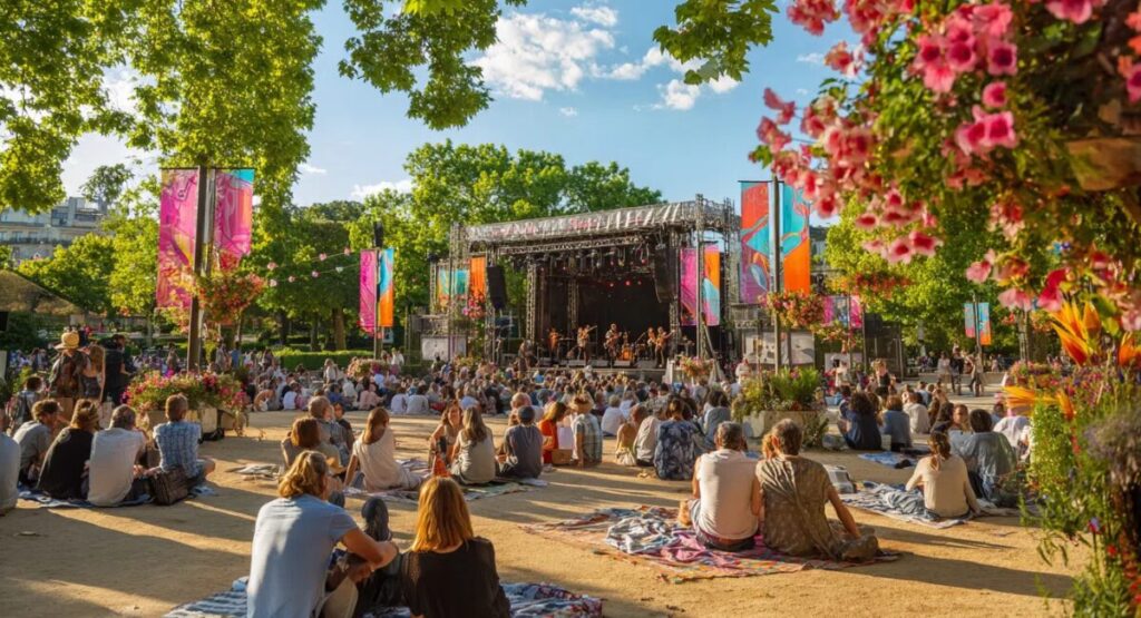 People sitting outside in the Parc Floral in front of a stage.