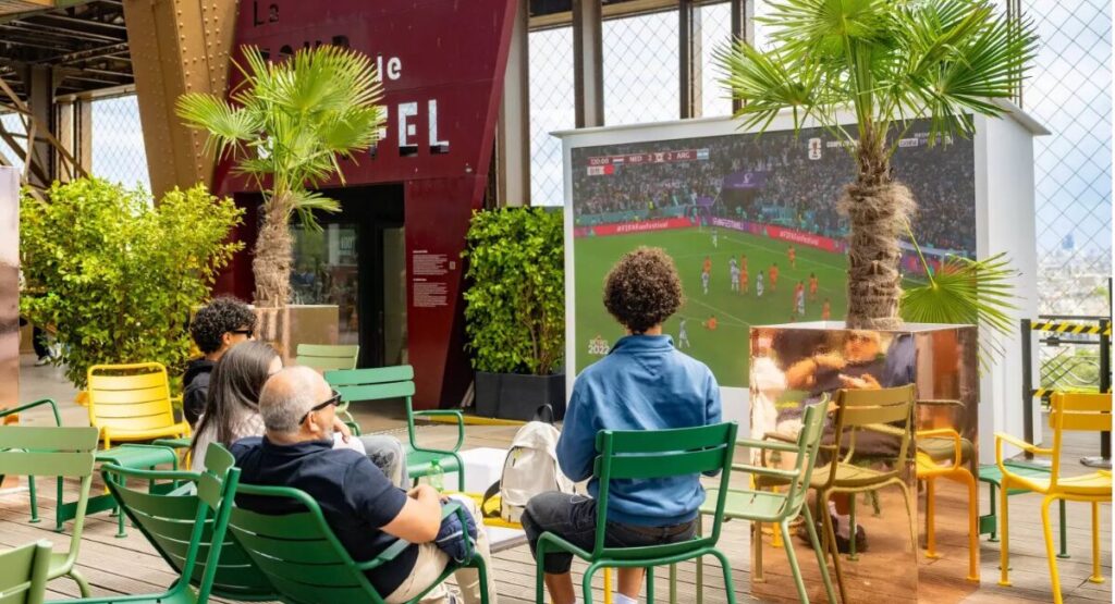 A World Cup watch party taking place inside the Eiffel Tower.