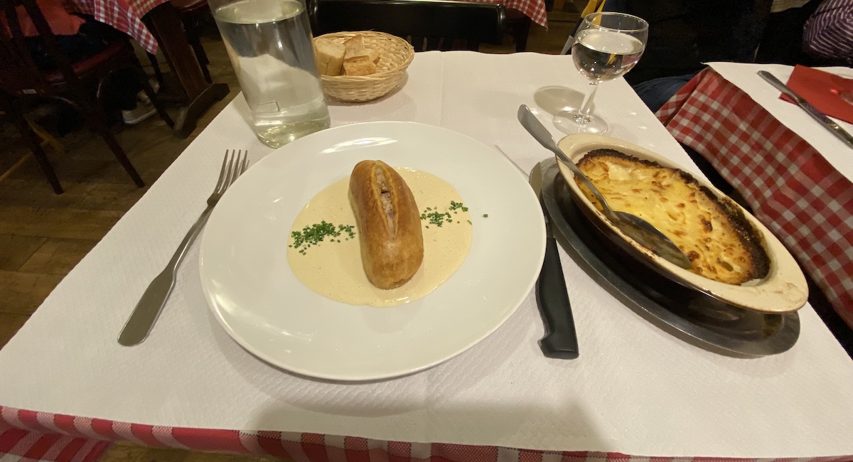 Andouillette en croûte at bouchon in Lyon.