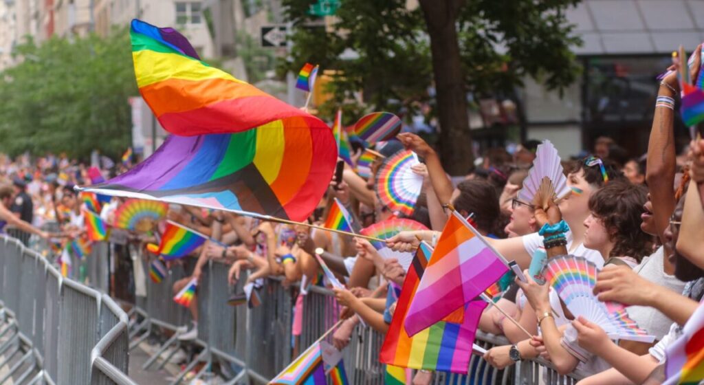 LGBTQ+ flags in a demonstration.