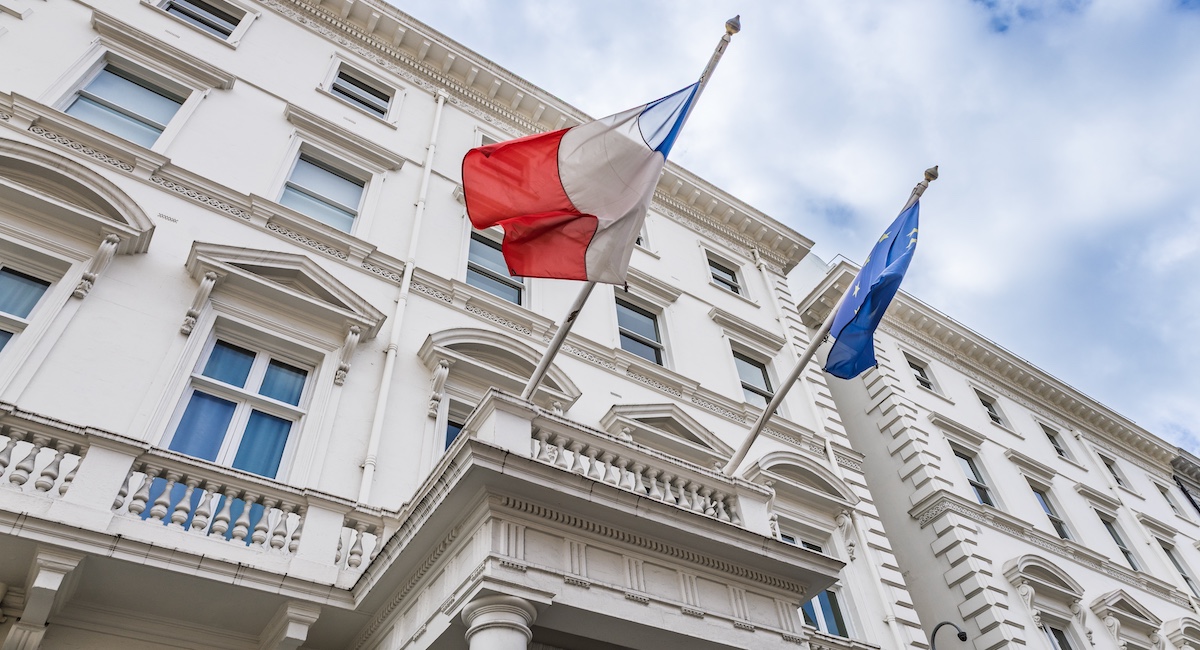 French Consulate in London with National and European Union Flags.