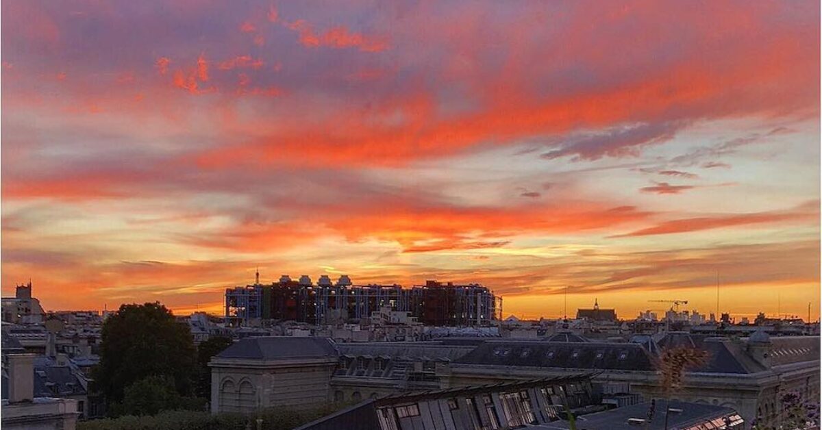 A sunset over a city