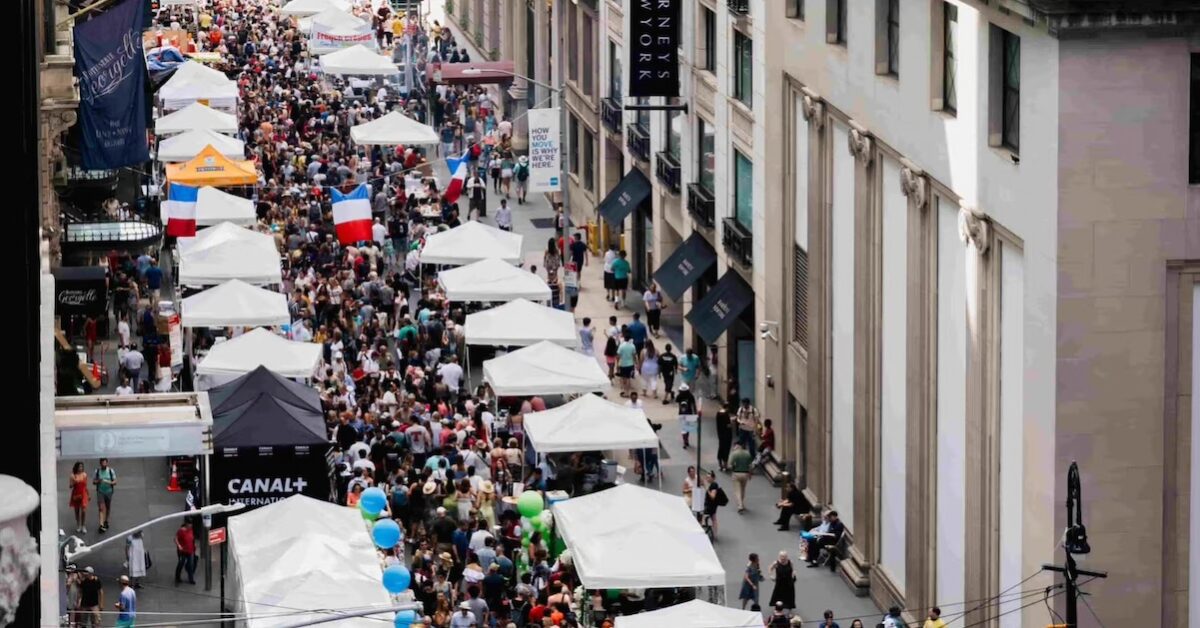 Overhead view of tents set up along Madison Avenue