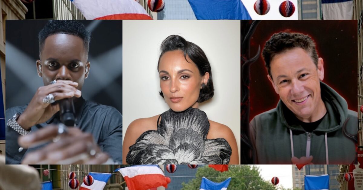 Black M, Barbara Pravi and Joachim Garraud against a French flag backdrop.