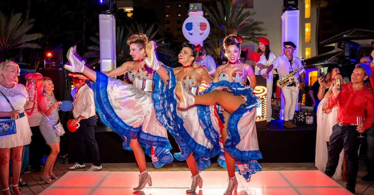 Cancan dancers in red, white, and blue