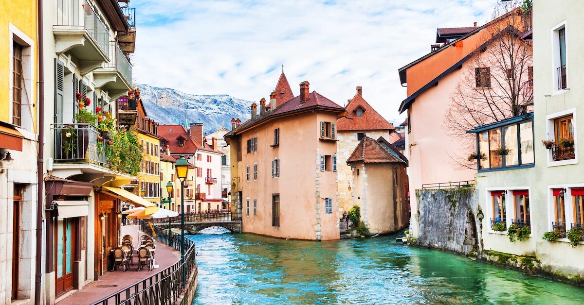 The pastel medieval buildings in the town center of Annecy