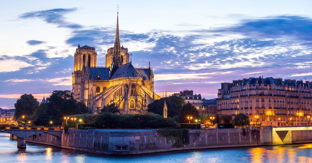 View of the Notre Dame cathedral at sunset