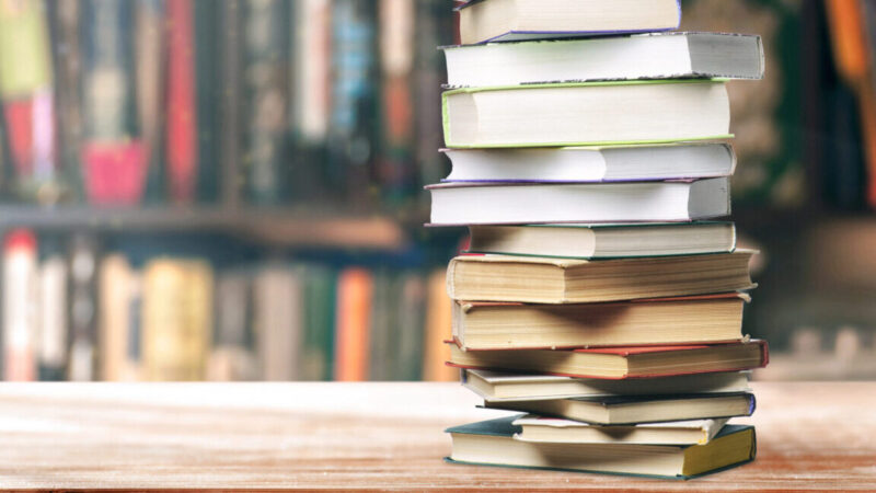 A stack of books on the shelf.