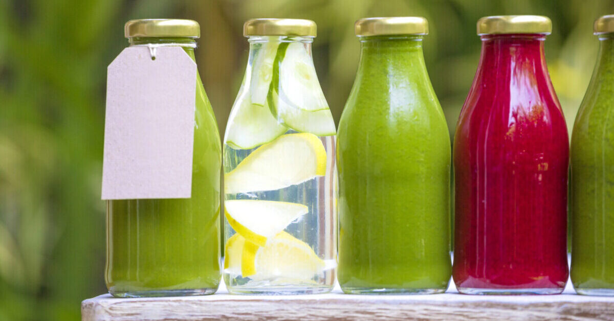 Organic cold-pressed raw vegetable juices.