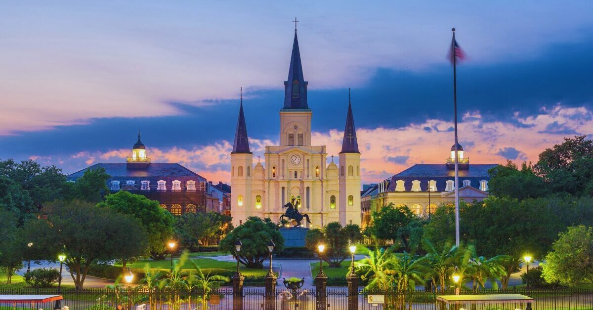 Jackson Square in New Orleans at sunset.