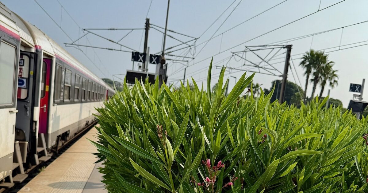 Train pulling into station at Antibes