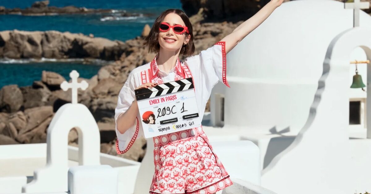 Lily Collins on set in Greece for season 6 of 'Emily in Paris.'