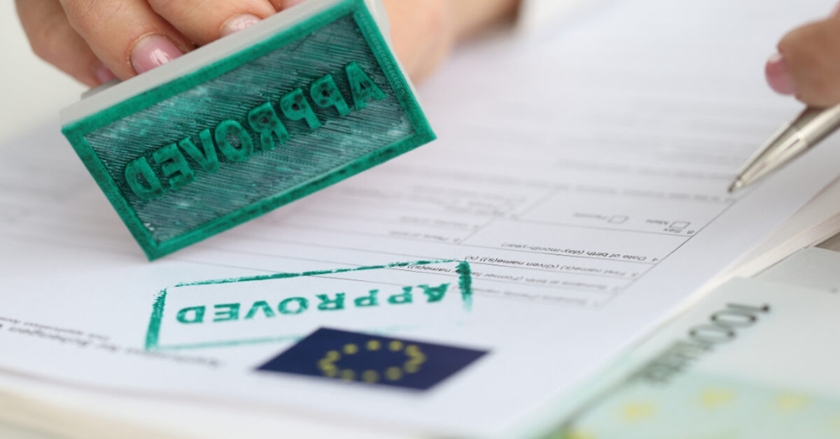 Approval stamp on EU immigration paperwork
