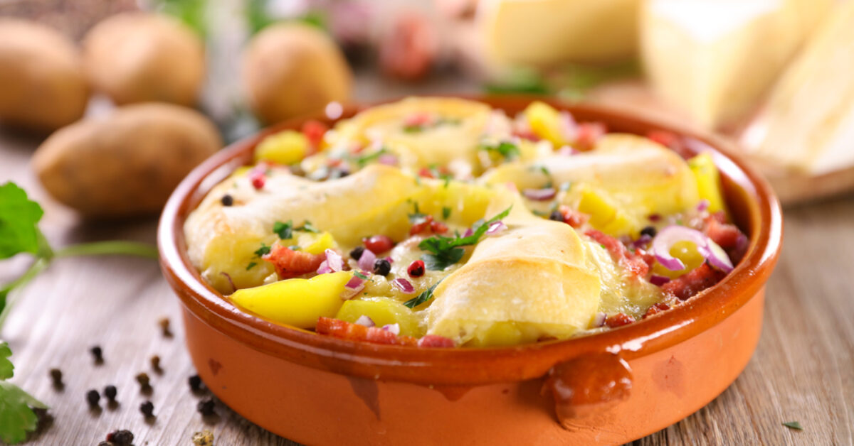 french tartiflette with bacon, potato and cheese