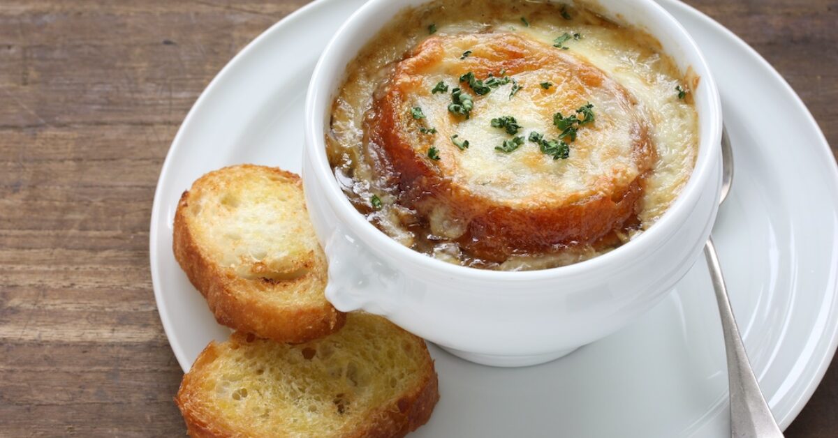 Crock of French onion soup