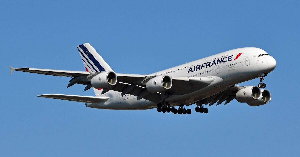 STERLING, VA, USA - NOVEMBER 12, 2011: Air France A380 landing at Washington Dulles International Airport. Air France is the French flag carrier headquartered in Tremblay-en-France.