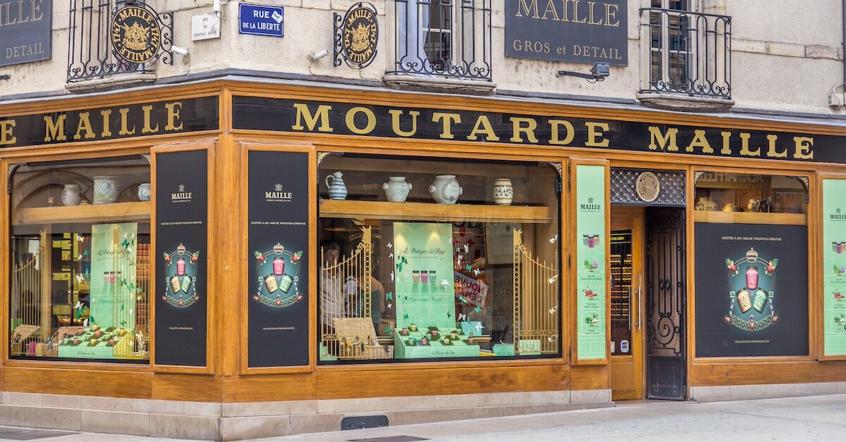 The "Maille" boutique at Dijon (La Maison Maille), where the famous Dijon mustard brand sells gourmet mustard pots and pickles.