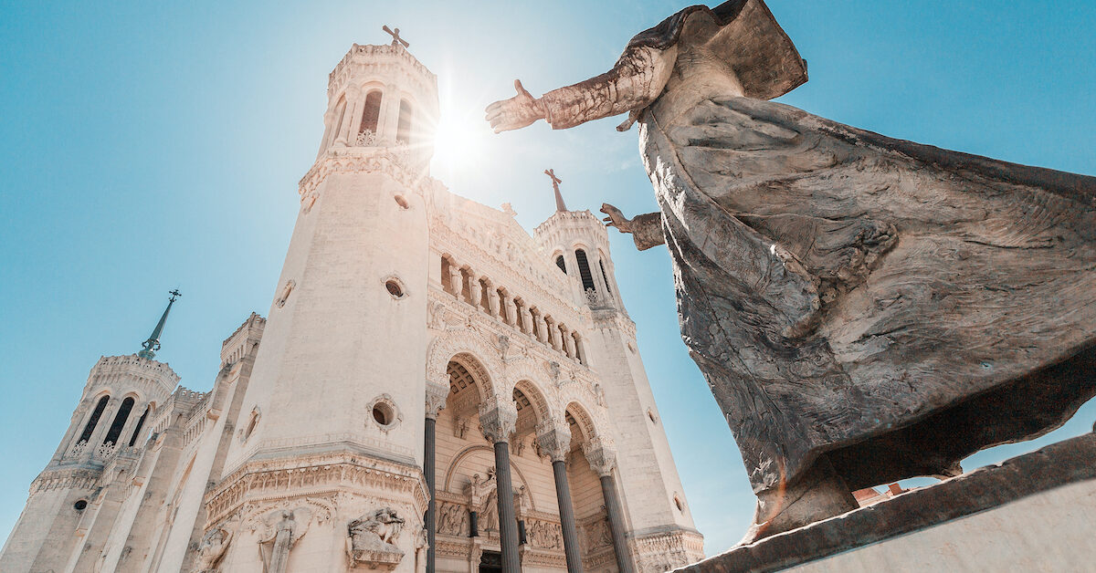 Famous tourist landmark of Lyon is a Notre Dame Fourviere Cathedral. Travel and catholic destinations in France