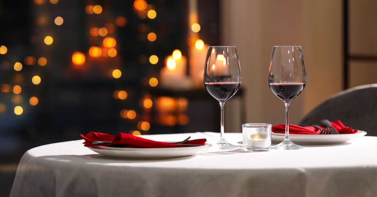 Table setting for romantic dinner in restaurant