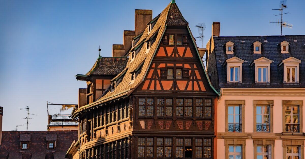 Strasbourg, France - May 31, 2023: Maison Kammerzell House restaurant in an ornate medieval 15th century half timbered house on Cathedral Square