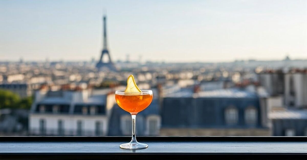 Outdoor photo of french cocktail with paris view