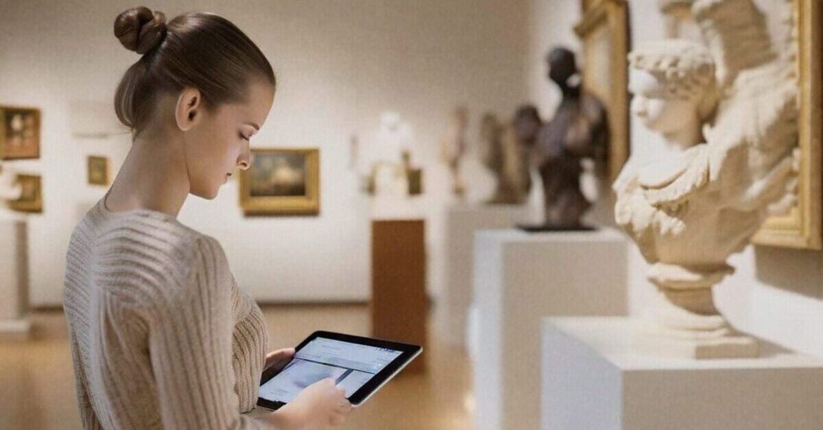 A girl is having a full digital tour in a museum.