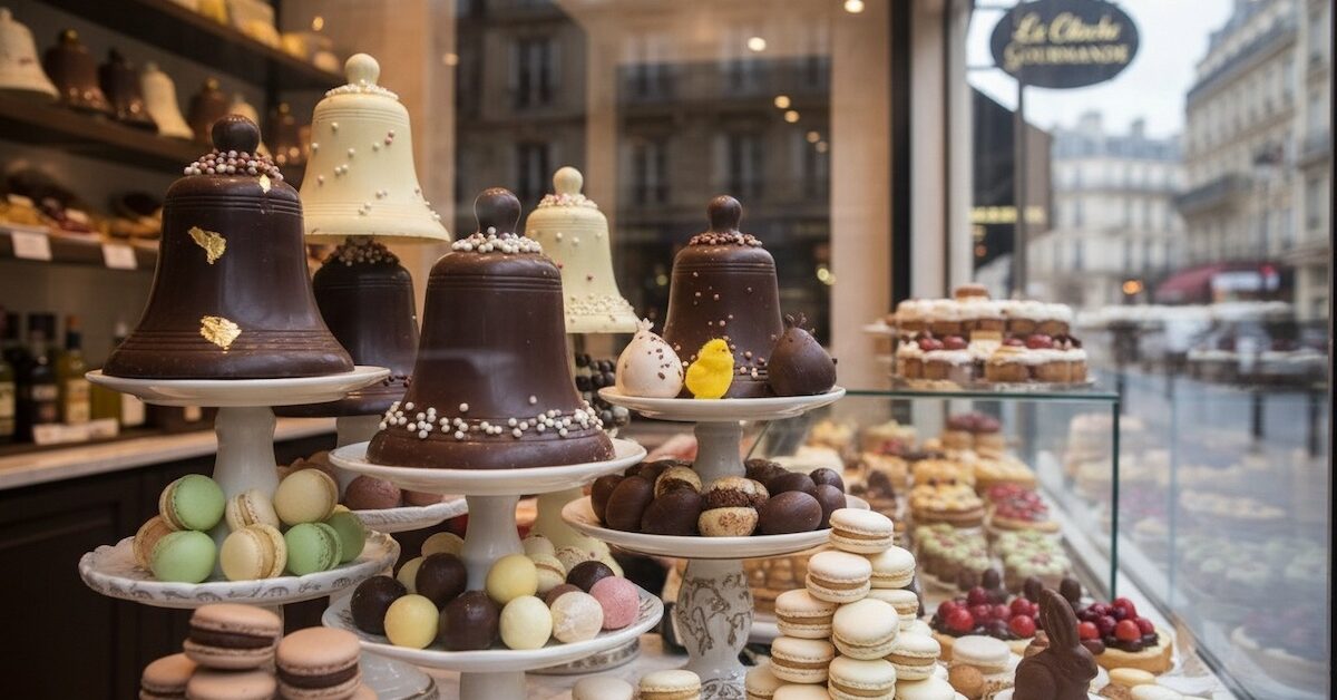 Chocolate bells and Easter candy in a French shop window.