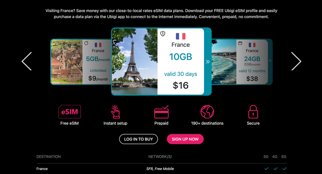 Prepaid SIM card or eSIM for tourist for France. (Ubigi)
