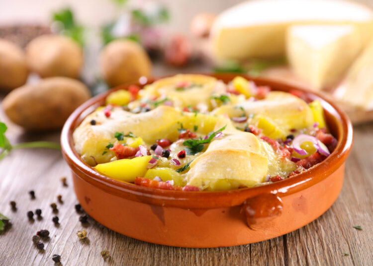 french tartiflette with bacon, potato and cheese